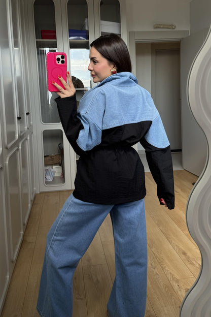 Fuente Paraşüt Denim Mix Uzun Ceket