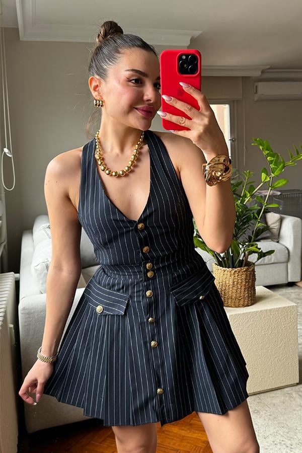 Fuenza Düğme Detaylı Çizgili Takım - Lacivert