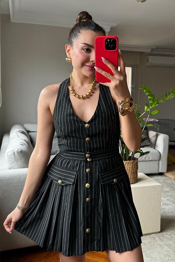 Fuenza Düğme Detaylı Çizgili Takım - Siyah