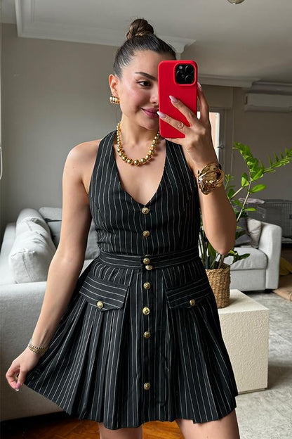 Fuenza Düğme Detaylı Çizgili Takım - Siyah