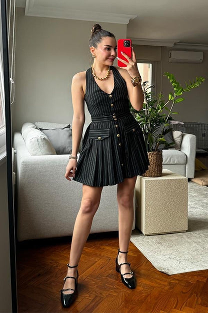 Fuenza Düğme Detaylı Çizgili Takım - Siyah