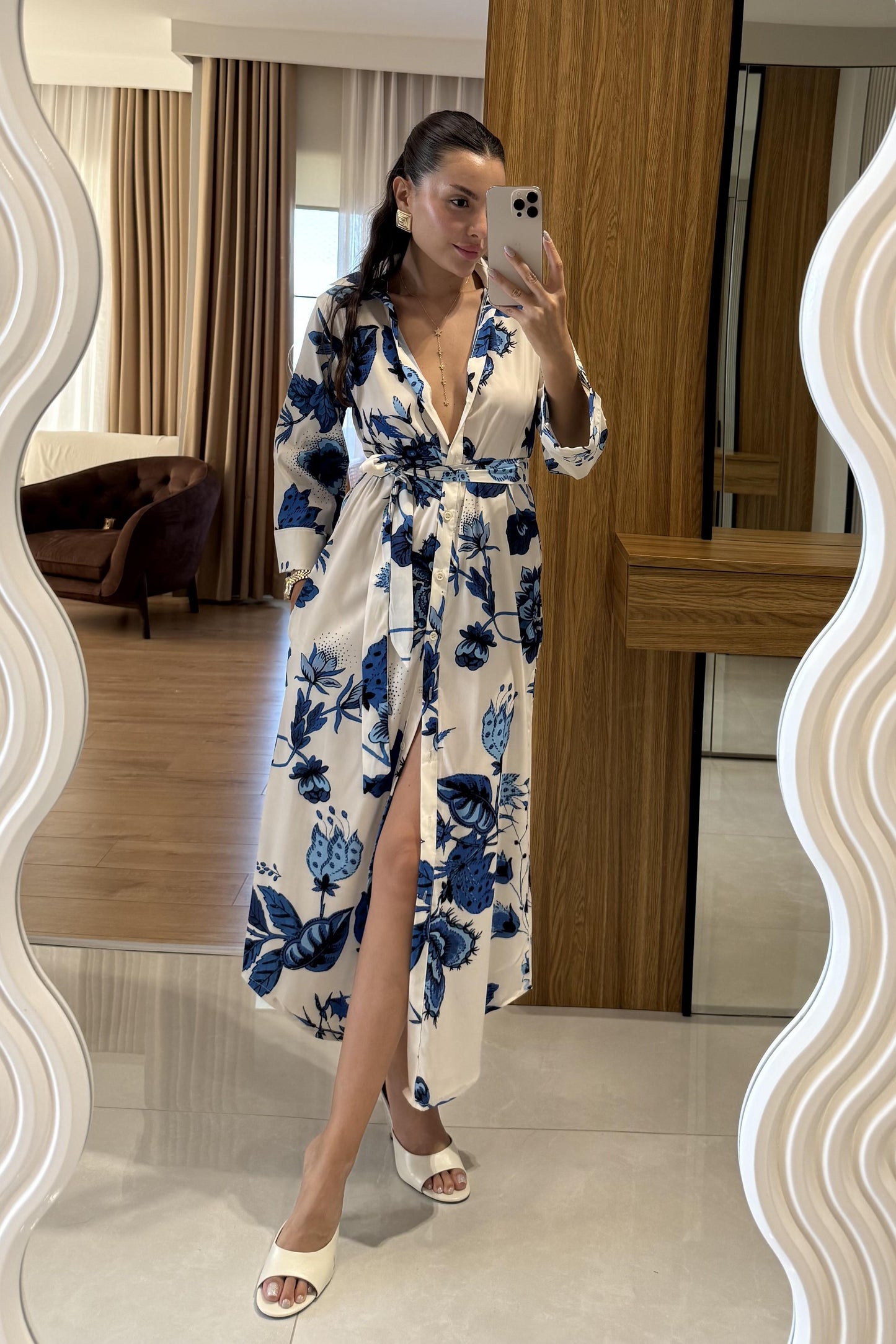 Furia Mavi Çiçek Desenli Belden Bağlamalı Elbise