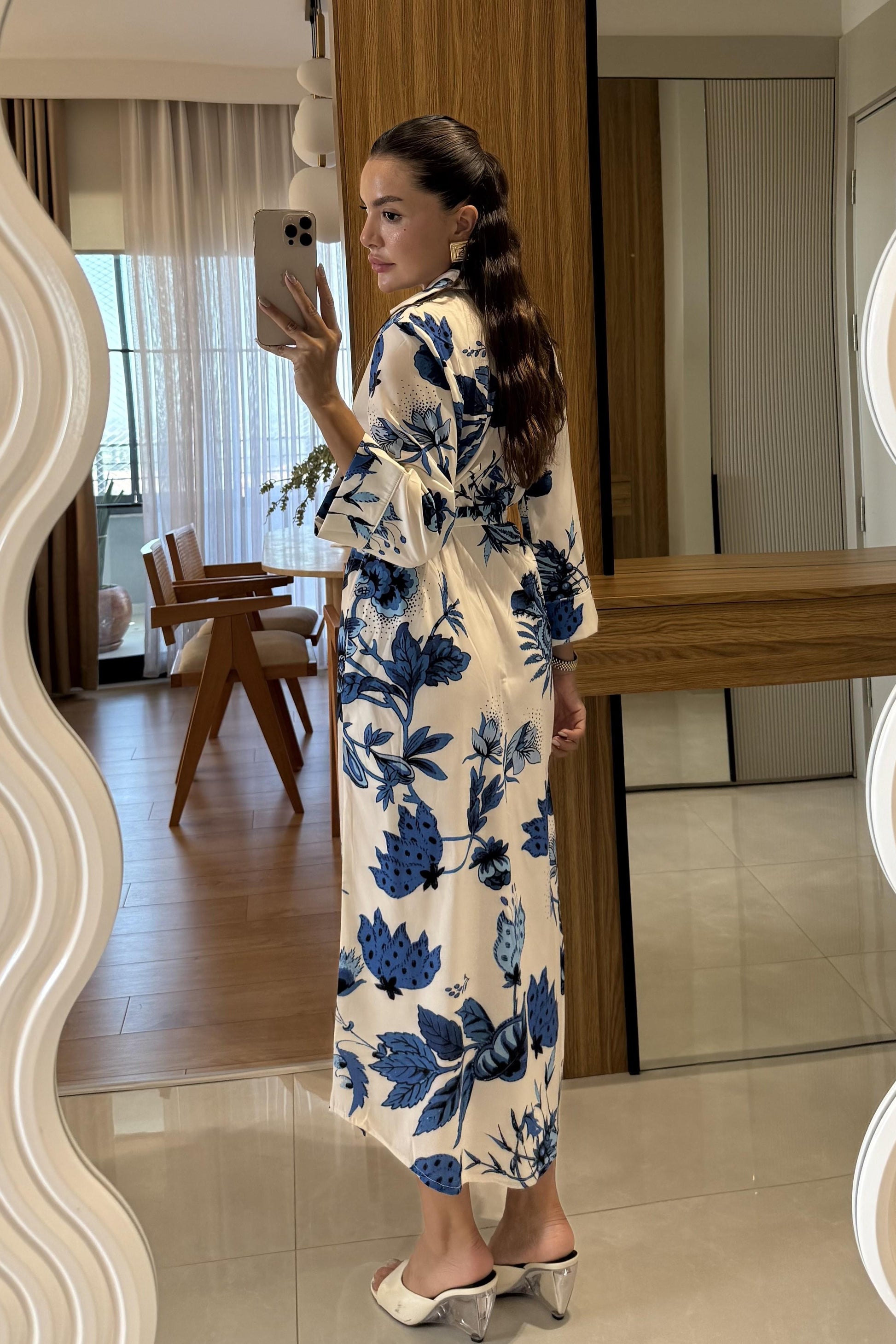 Furia Mavi Çiçek Desenli Belden Bağlamalı Elbise