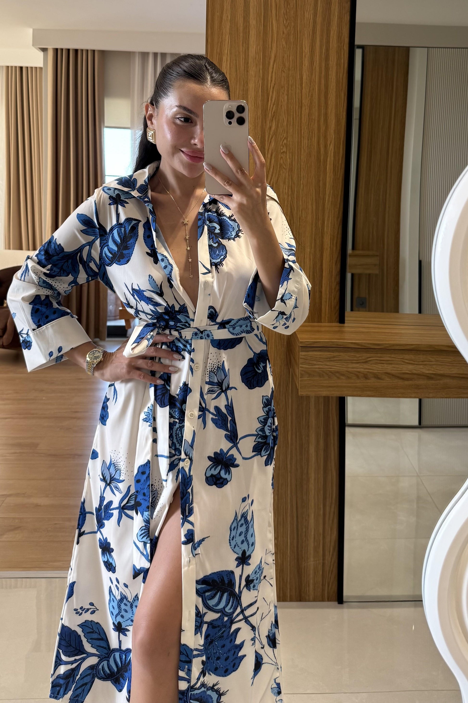 Furia Mavi Çiçek Desenli Belden Bağlamalı Elbise