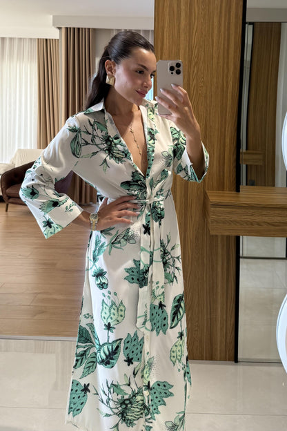 Furia Yeşil Çiçek Desenli Belden Bağlamalı Elbise