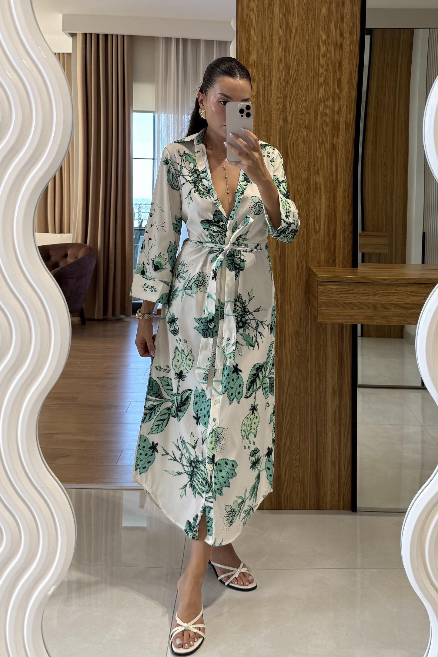 Furia Yeşil Çiçek Desenli Belden Bağlamalı Elbise