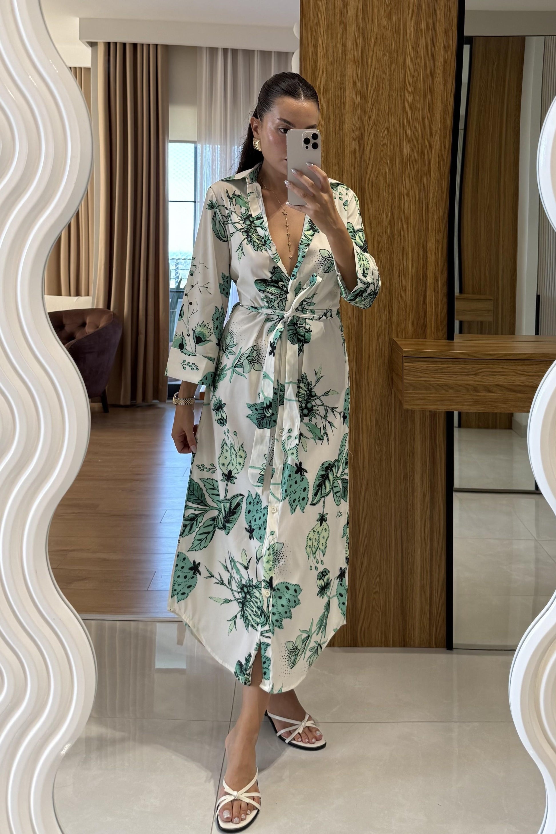 Furia Yeşil Çiçek Desenli Belden Bağlamalı Elbise