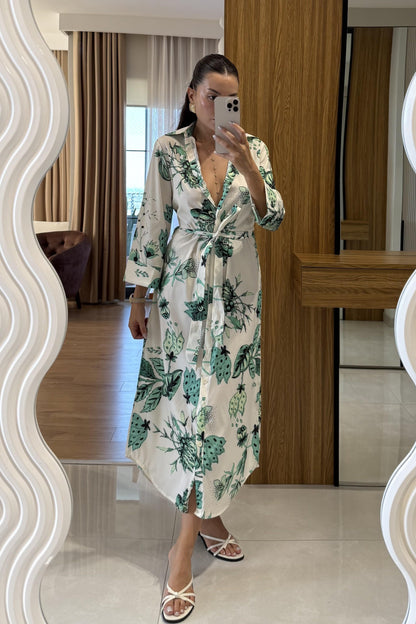 Furia Yeşil Çiçek Desenli Belden Bağlamalı Elbise