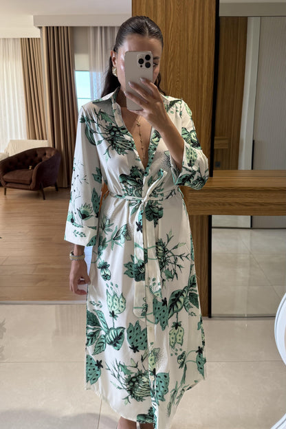 Furia Yeşil Çiçek Desenli Belden Bağlamalı Elbise