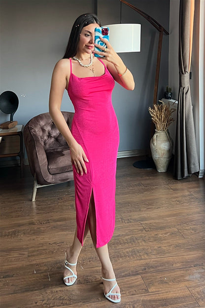 Fuşya parlak dokulu elbise