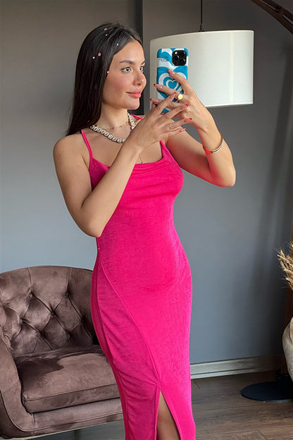 Fuşya parlak dokulu elbise