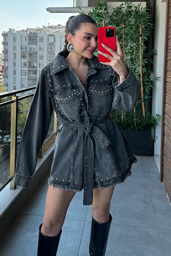 Gabby Zımbalı Kot Elbise - Füme