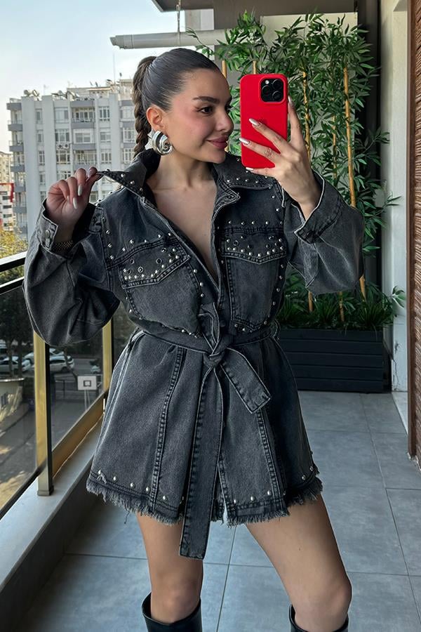 Gabby Zımbalı Kot Elbise - Füme