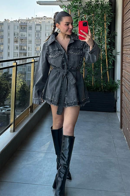 Gabby Zımbalı Kot Elbise - Füme