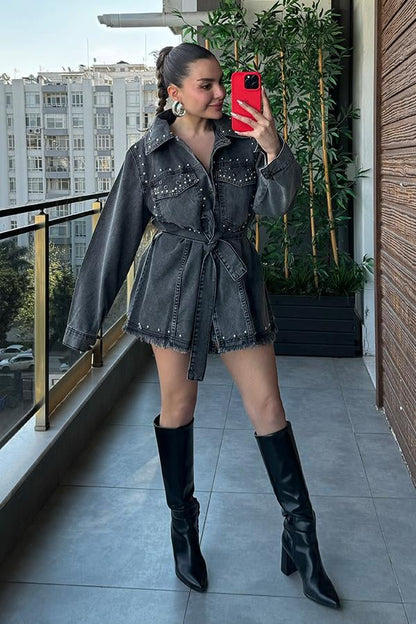 Gabby Zımbalı Kot Elbise - Füme