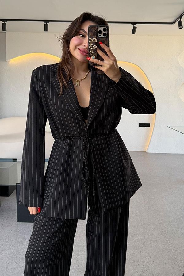 Gael Siyah Çizgili Pantolon Blazer Ceket Takım