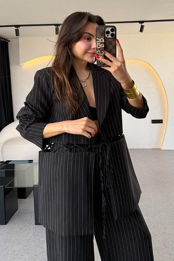 Gael Siyah Çizgili Pantolon Blazer Ceket Takım