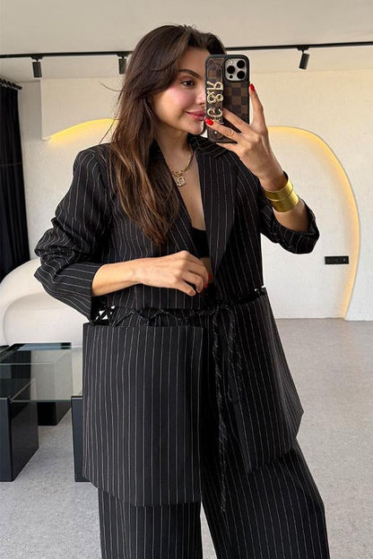 Gael Siyah Çizgili Pantolon Blazer Ceket Takım