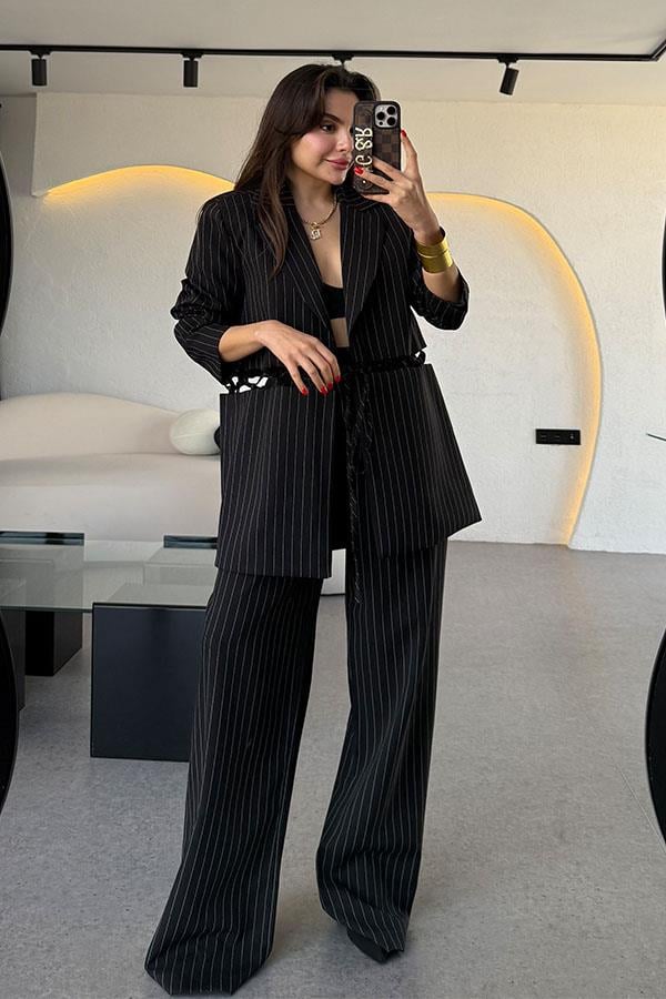 Gael Siyah Çizgili Pantolon Blazer Ceket Takım