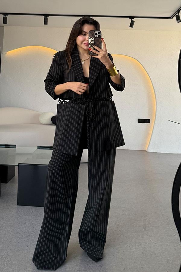 Gael Siyah Çizgili Pantolon Blazer Ceket Takım