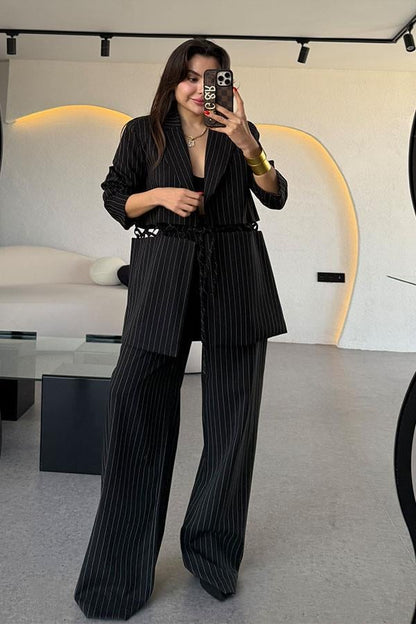 Gael Siyah Çizgili Pantolon Blazer Ceket Takım