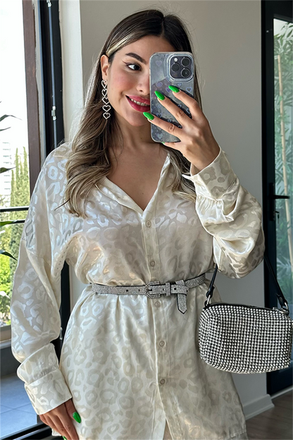 Galia saten dokulu jakarlı takım - Krem