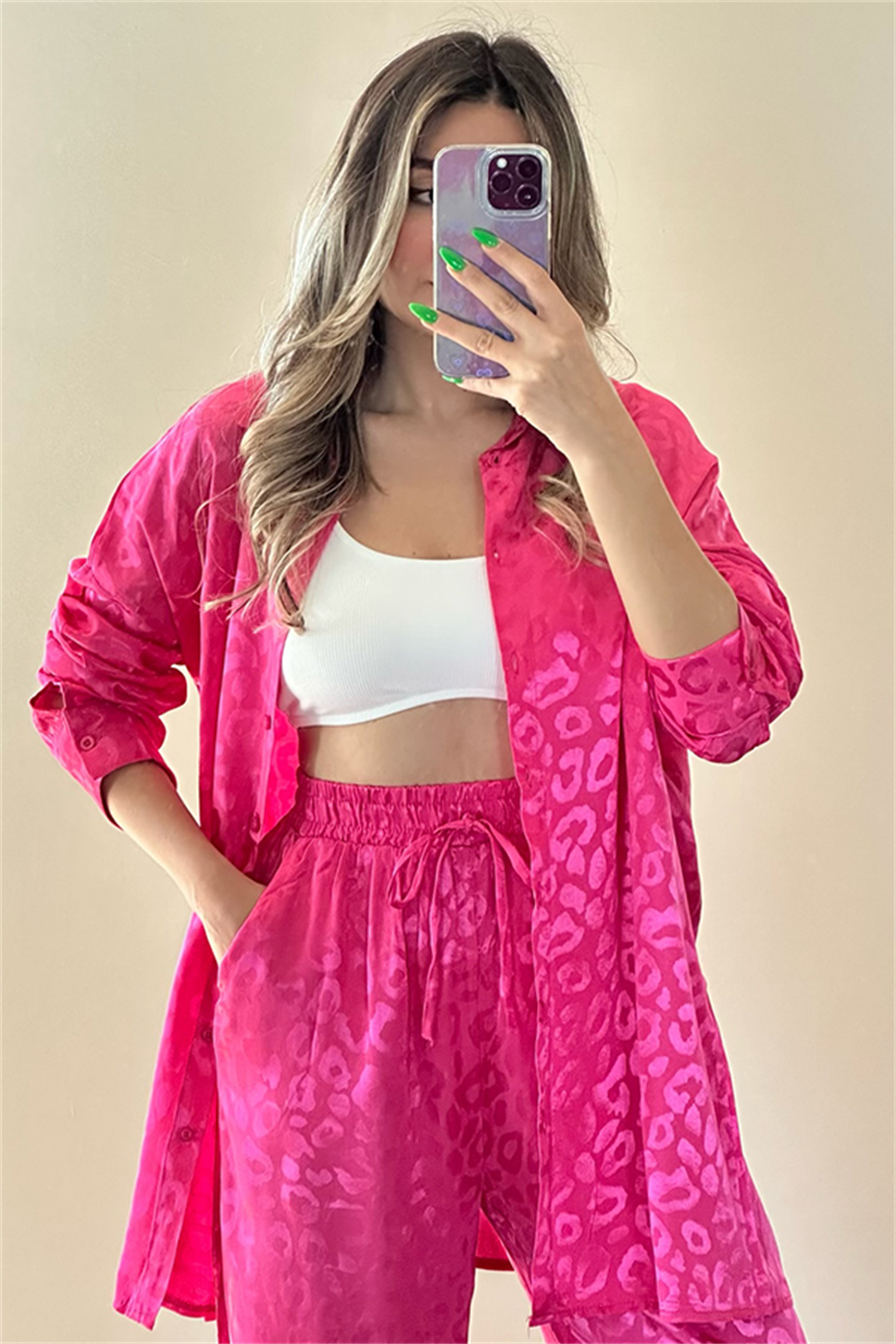 Galia saten dokulu jakarlı takım - Pembe