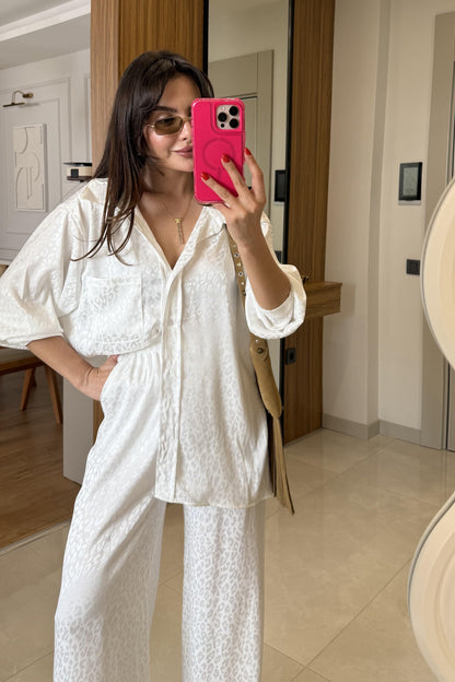 Galie Beyaz Saten Dokulu Takım