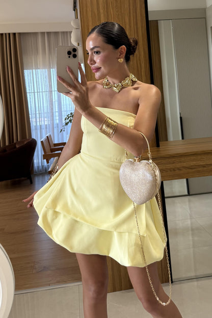 Georgia Sarı Straplez Mini Balon Elbise