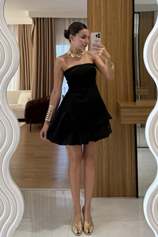 Georgia Siyah Straplez Mini Balon Elbise