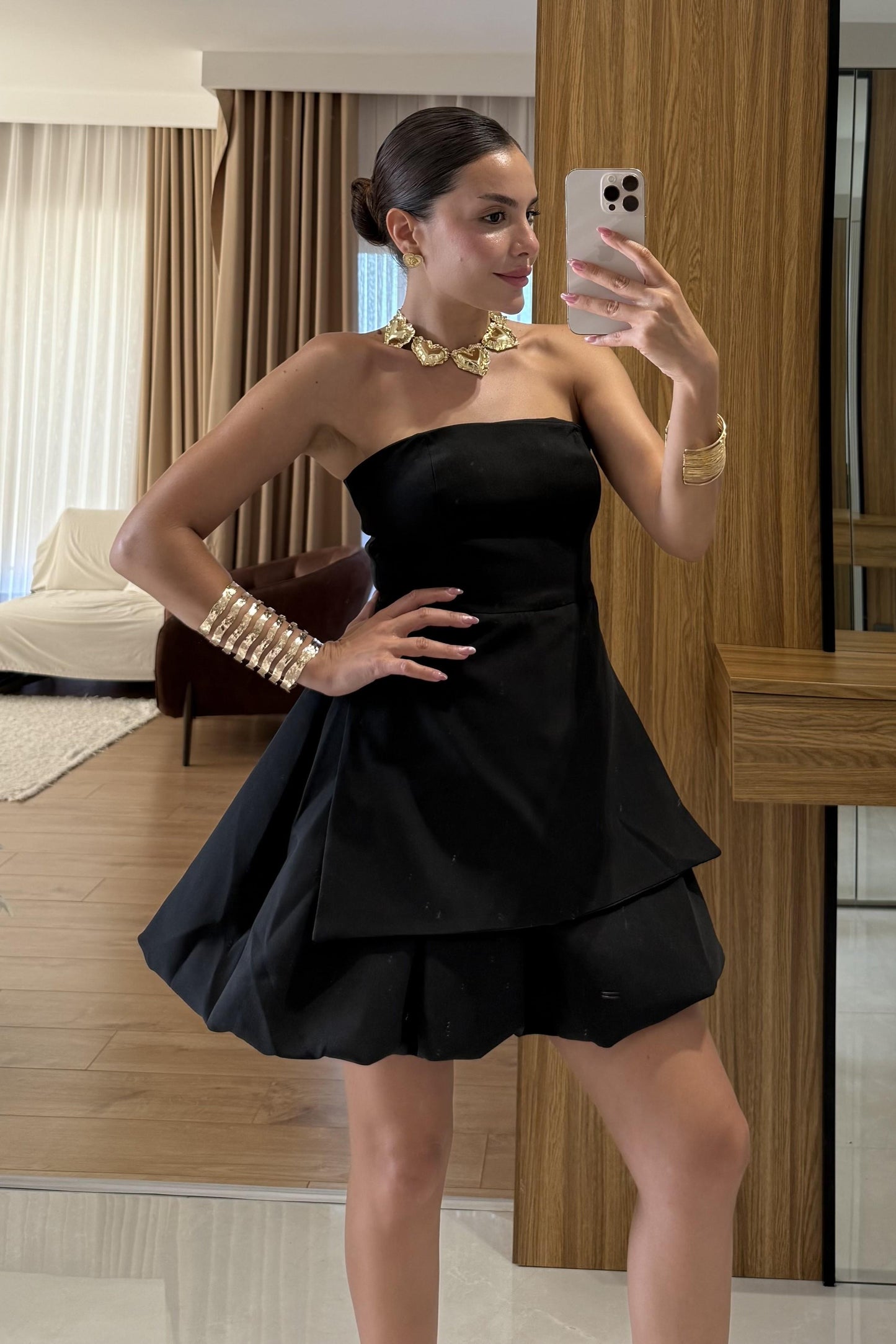 Georgia Siyah Straplez Mini Balon Elbise