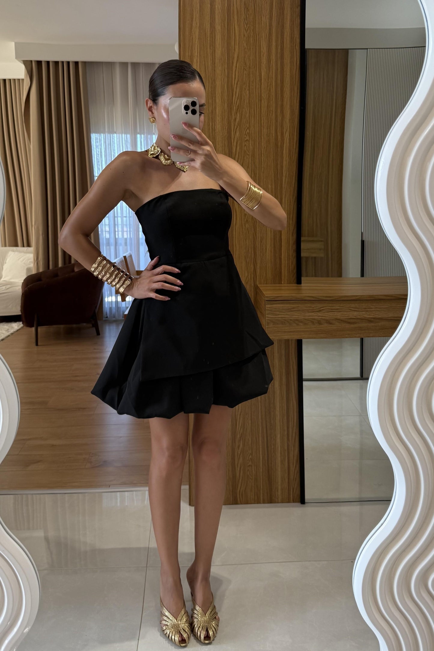 Georgia Siyah Straplez Mini Balon Elbise