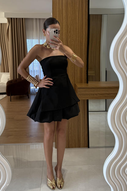 Georgia Siyah Straplez Mini Balon Elbise