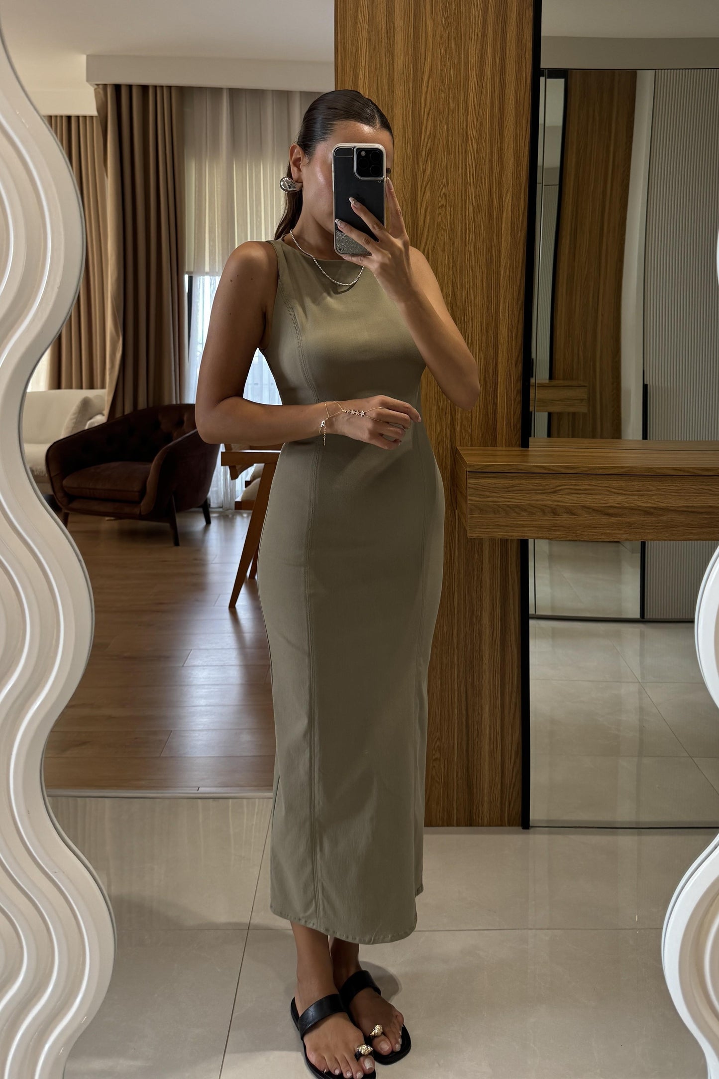 Germany Haki Vücuda Oturan Maxi Elbise