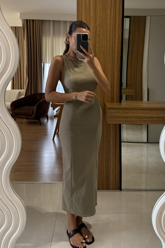 Germany Haki Vücuda Oturan Maxi Elbise