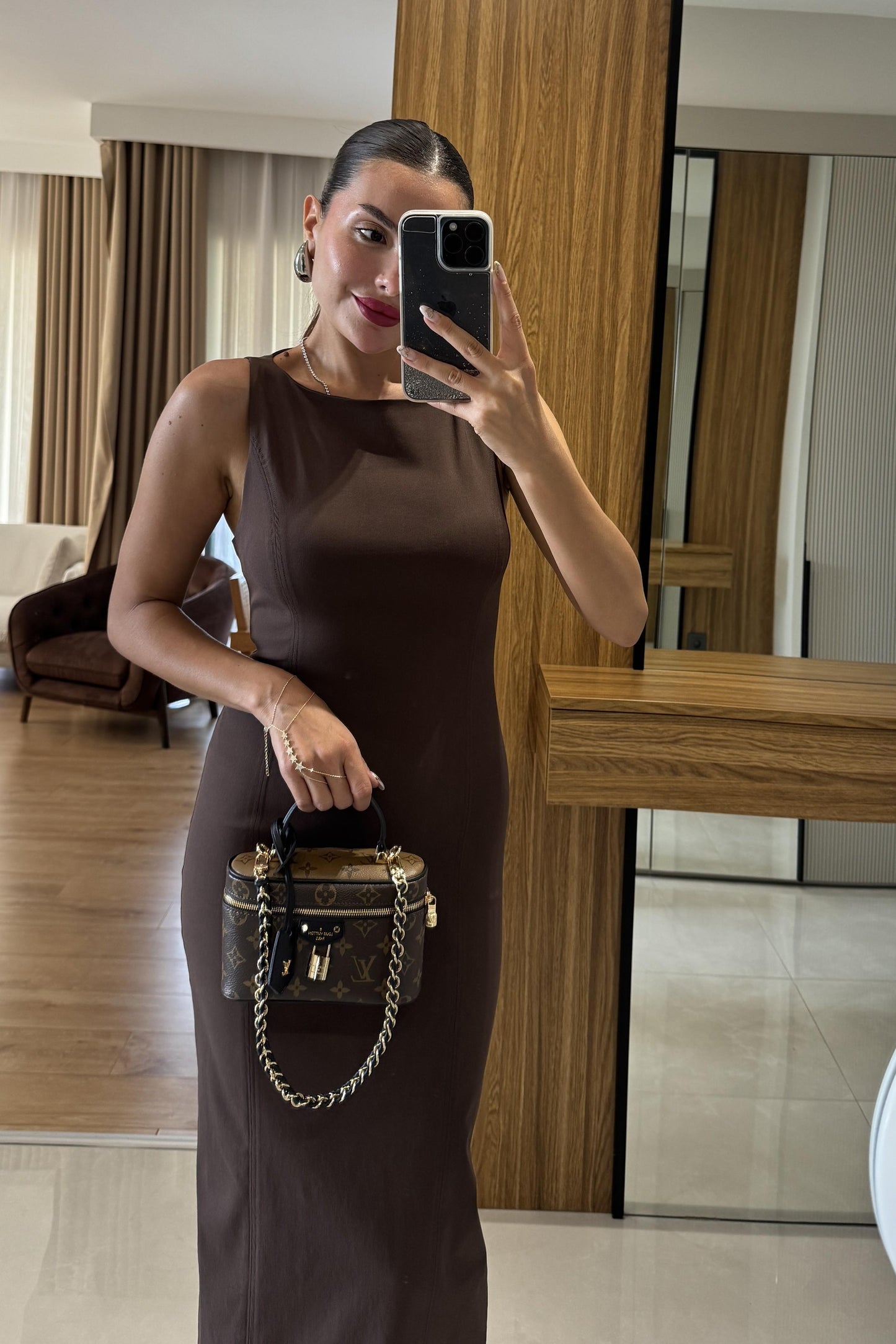 Germany Kahve Vücuda Oturan Maxi Elbise