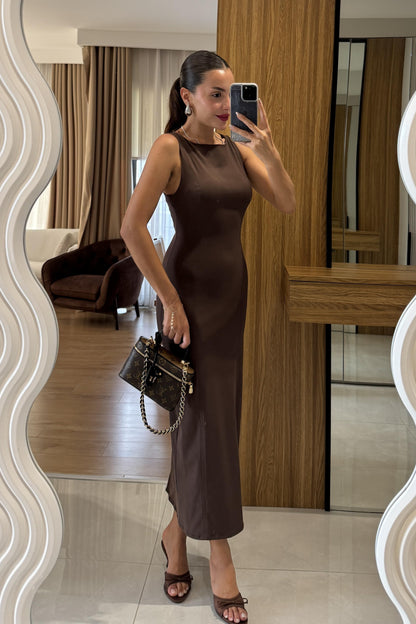 Germany Kahve Vücuda Oturan Maxi Elbise