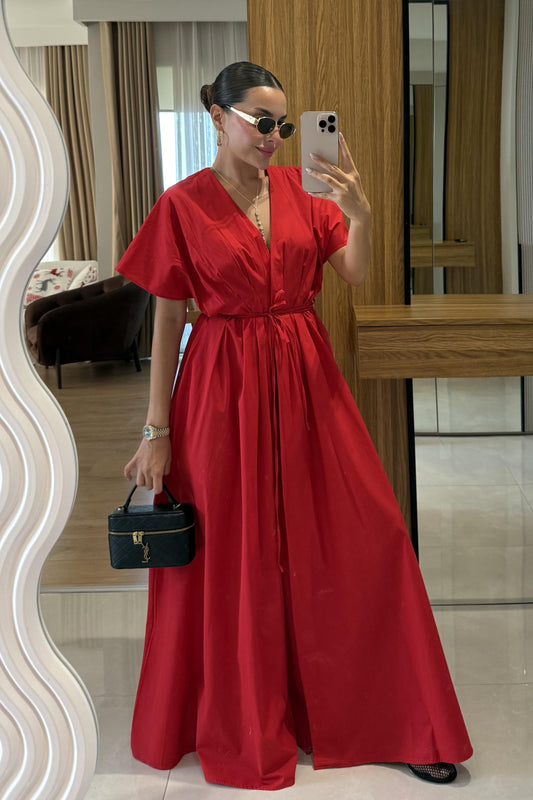 Gibson Kırmızı Poplin Belden Bağlamalı Elbise