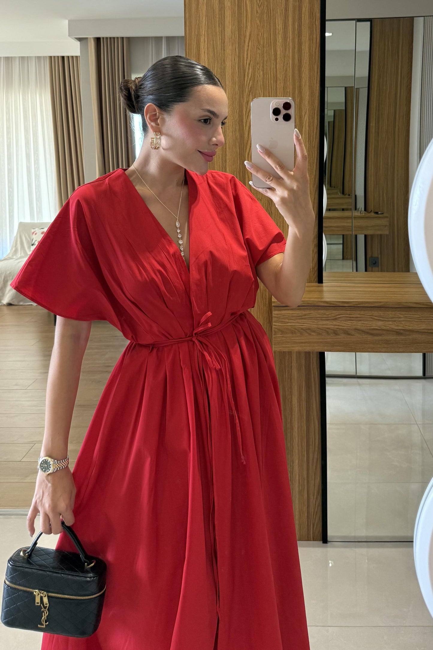 Gibson Kırmızı Poplin Belden Bağlamalı Elbise