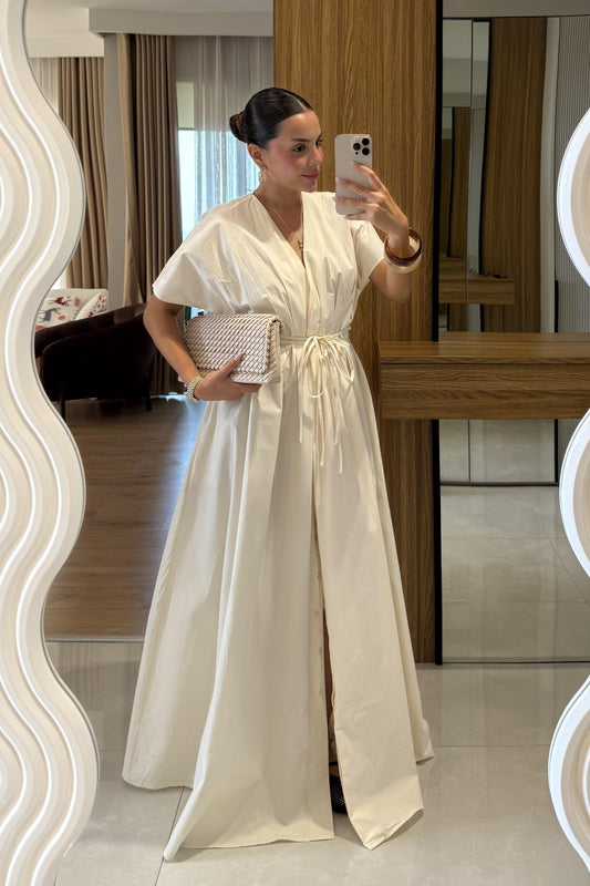 Gibson Krem Poplin Belden Bağlamalı Elbise