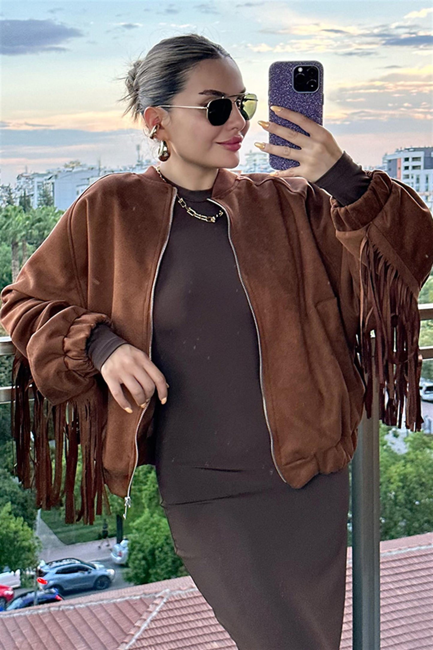 Giella Püsküllü Kadife Biker Ceket