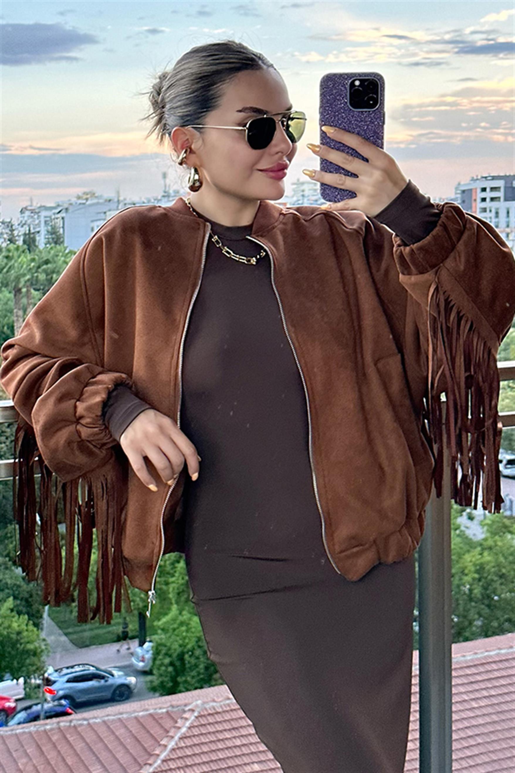 Giella Püsküllü Kadife Biker Ceket