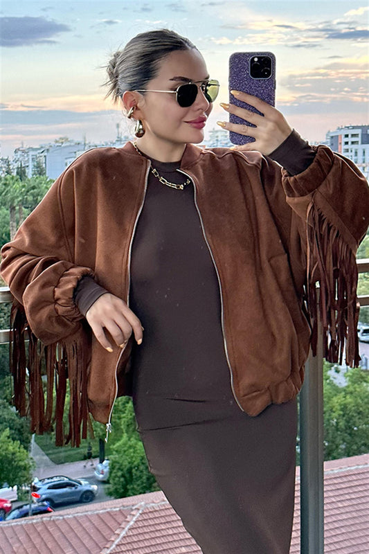 Giella Püsküllü Kadife Biker Ceket