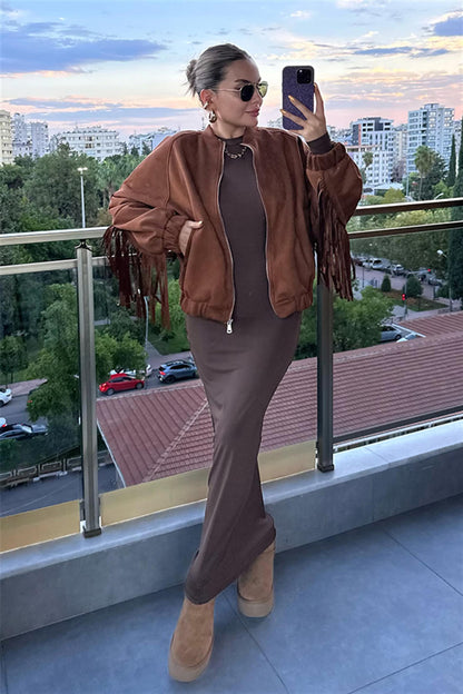 Giella Püsküllü Kadife Biker Ceket