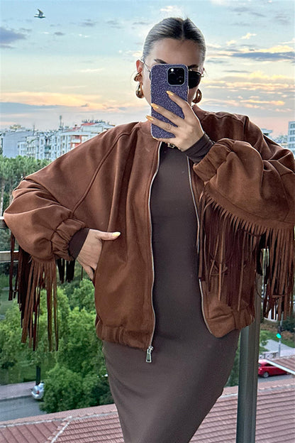 Giella Püsküllü Kadife Biker Ceket