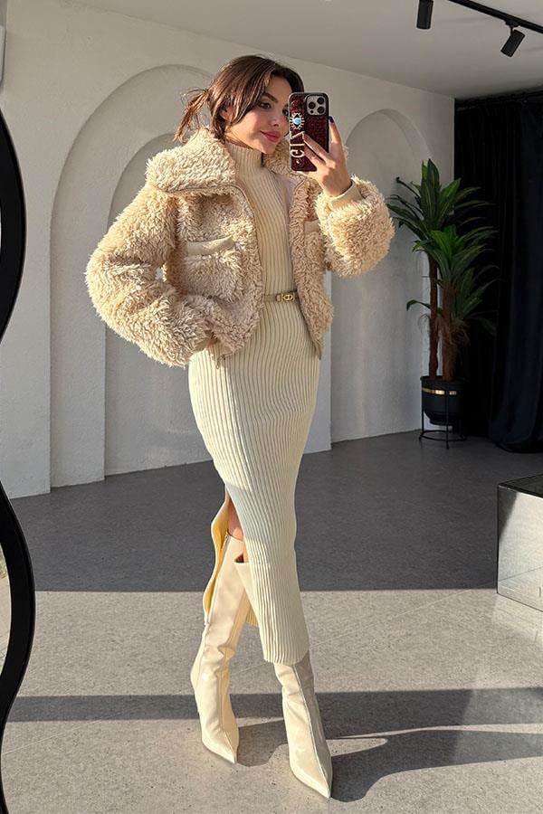 Giovana Balıkçı Yaka Fitilli Krem Elbise