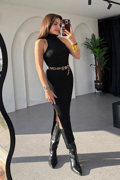 Giovana Balıkçı Yaka Fitilli Siyah Elbise