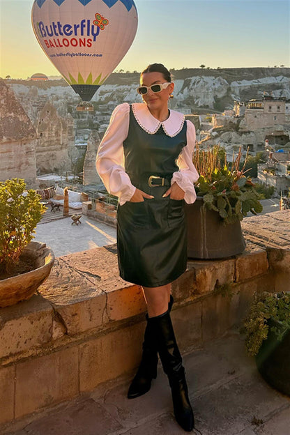 Girly Bebe Yaka Siyah Deri Elbise