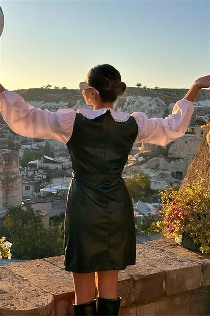 Girly Bebe Yaka Siyah Deri Elbise