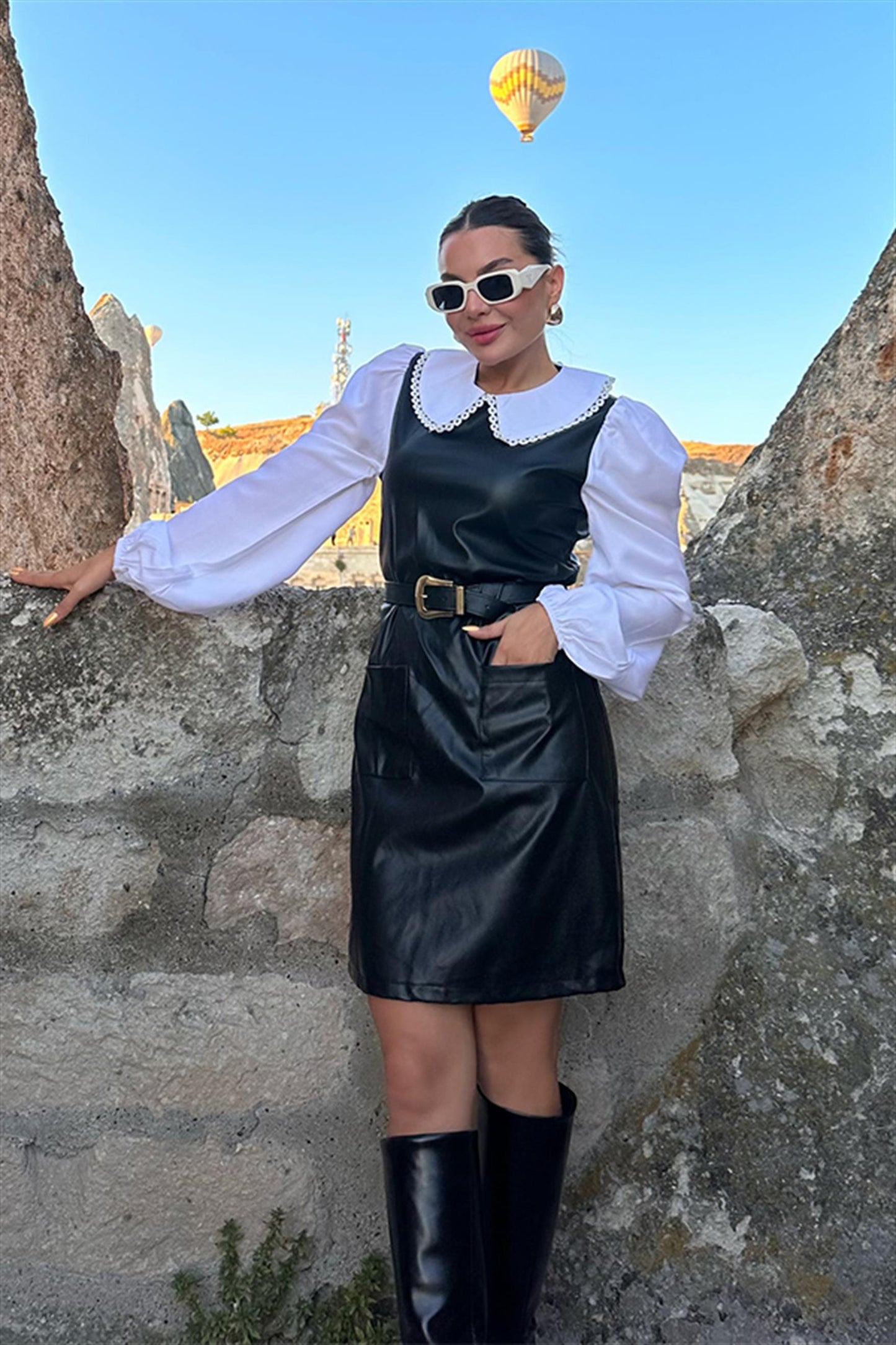 Girly Bebe Yaka Siyah Deri Elbise